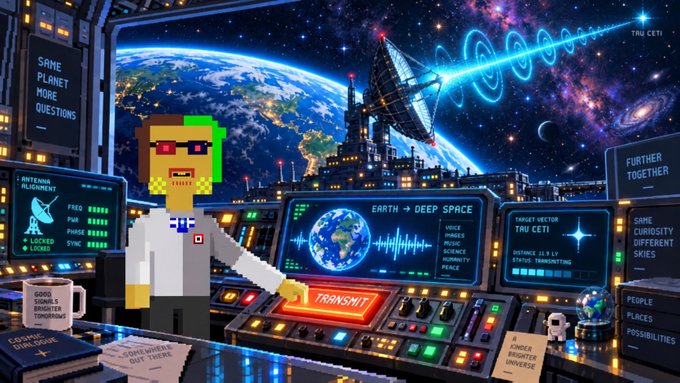 A pixel art scene depicting a character with sunglasses in a futuristic space control room, with a screen labeled "EARTH → DEEP SPACE" and "TRANSMIT," set against a backdrop of Earth and space with text references to "TRU CETI."