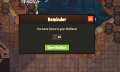 Screenshot of a Clash Royale game reminder pop-up stating 'You have 1hrs in your Mailbox!' with an 'Open Mailbox' button.