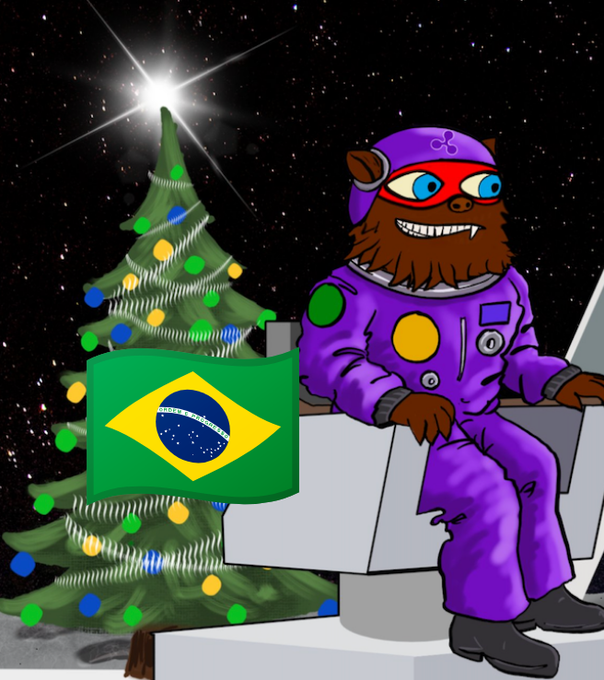 A cartoon astronaut with a purple spacesuit and red mask sits on a lunar surface next to a Christmas tree, against a starry space backdrop with the Brazilian flag in the foreground—visually symbolizing Brazil's leap into blockchain-powered (XRPL) financial innovation for the holiday season.