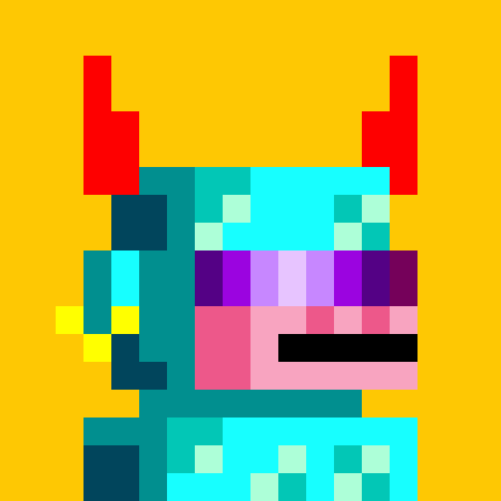 A pixel art illustration of a cyan and pink character with large red horns and a single visible yellow eye, set against a yellow background.