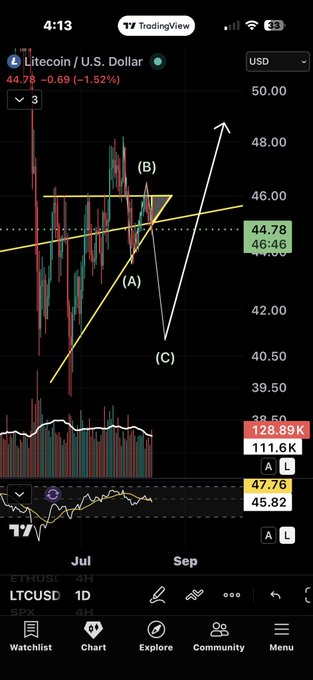 A TradingView chart of Litecoin (LTCUSD) showing a 1D timeframe with price at $44.78 (-1.52%), featuring a technical analysis pattern labeled with points (A), (B), and (C) that suggests a potential bullish reversal following a capitulation flush to around $40, aligning with the post's prediction of a bearish-sentiment final flush before a rally.