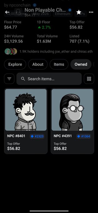A mobile app interface for 'Non Playable Ch...' (NPCs) showing Floor Price $64.77, Top Offer $56.82, and two NFT character cards (NPC #8401 and NPC #4391) with the same Top Offer price.
