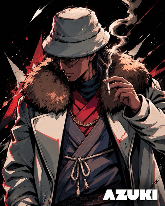 An anime-style illustration of a man in a fedora with a fur-collared coat, smoking a cigarette with red ink splatters in the background, labeled 'AZUKI'.
