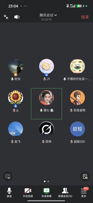 A screenshot of a Tencent Meeting (腾讯会议) video call interface showing participant icons with Chinese names like 时光, JY, 莲心, and 超短001.