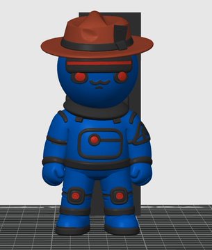 A blue figurine wearing a red hat and astronaut-style suit stands on a grid surface against a dark background, appearing to be a digital 3D model of an NFT character being prepared for production as a physical collectible.
