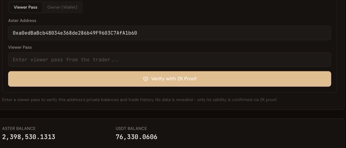 The image shows a wallet verification interface for the address 0xA0EdBABcb48034e368de286049F9603C7AfA1b60, displaying an ASTER balance of 2,398,530.1313 and a USDT balance of 76,330.0606. This relates to the post by showcasing a large holder's substantial ASTER balance, illustrating the significant token buyback and staking activity highlighted by @Aster_DEX.
