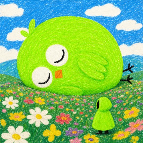 A colorful crayon-style drawing of a large round green bird with closed eyes sitting in a field of flowers, while a small green-hooded figure watches it.