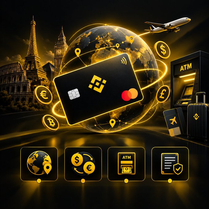 A digital promotional graphic featuring a gold-trimmed credit/debit card with a chip floating in front of a globe, surrounded by currency symbols (€, $, ₿, £), landmarks like the Eiffel Tower and Big Ben, an airplane, ATM, and suitcase, with feature icons at the bottom for global access, currency exchange, ATM, and security.