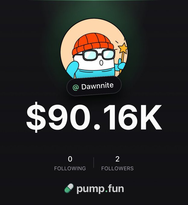A profile screenshot for "Dawnnite" on pump.fun displays a cartoon character wearing an orange beanie and glasses holding a wand, showing $90.16K with 2 followers. The image aligns with the post's announcement of joining pump.fun, visually highlighting the platform where zero-fee cross-platform trading takes place.