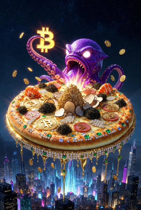 The image features a pizza with Bitcoin symbols, including a Bitcoin symbol for the crust and a Bitcoin symbol for the toppings like pepperoni and caviar. The pizza is placed on a golden base and surrounded by gold coins, giving it an opulent appearance. The city skyline in the background adds to the overall grandeur of the scene. The post includes text that reads "Kraken just crashed Bitcoin Pizza Day 24k gold crust, diamond pepperoni, caviar mountains, truffle peaks @krakenfx #BitcoinPizzaDay #KrakenPizzeria #BTC".