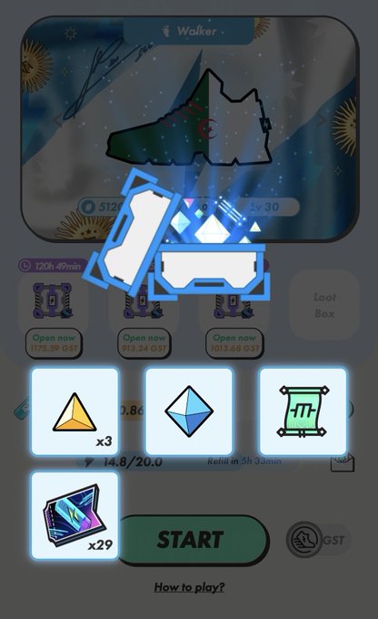 A mobile game interface showing a map area with loot boxes, inventory items, and a 'START' button.