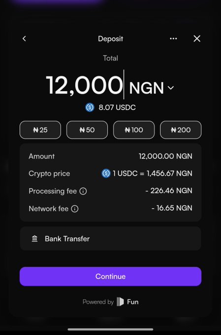 A mobile app screen showing a deposit page for 12,000 NGN, equivalent to 8.07 USDC, with details including a processing fee of 226.46 NGN and a network fee of 16.65 NGN, powered by 'Fun'.
