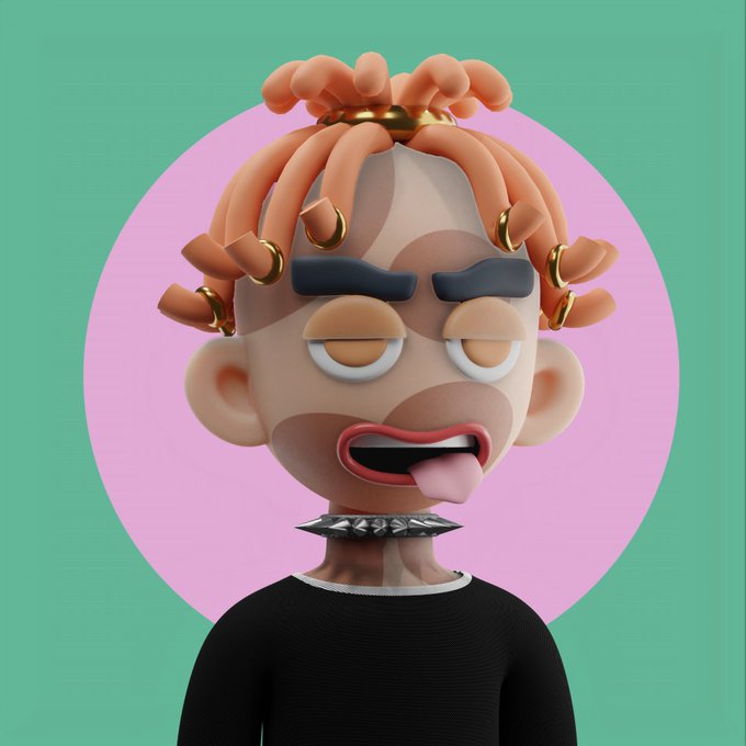 A 3D-rendered cartoon character with orange dreadlocks, gold hair rings, a spiked choker, and a tongue-out expression is featured against a pink and green circular background. The image serves as teaser artwork for an upcoming NFT project of 10,000 free pieces during the GTD phase, visually representing the "Coming Soon" announcement from the founder-led team.