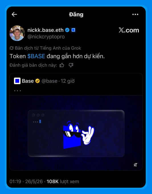 The image shows a social media post with a blue background, featuring an illustration of a character wearing sunglasses and holding a phone. The post includes text that reads "DANG! Base token getting closer than expected? Is it really true?". The post is accompanied by a screenshot of the token's value in the form of a dollar sign.