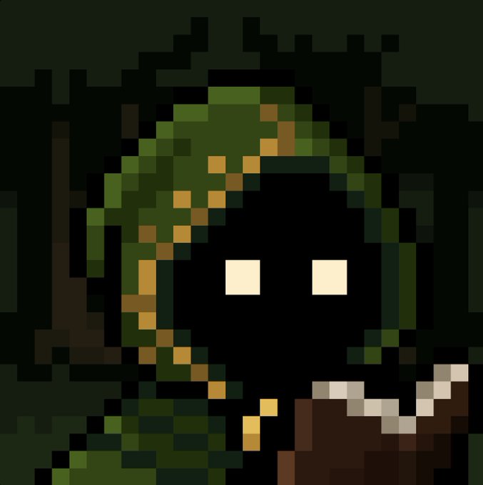 A pixel art illustration depicting a dark, hooded cloaked figure with glowing yellow eyes set against a shadowy forest background, accompanied by what appears to be a wooden chest. The mysterious green-robed "Mancer" character visually represents the crypto enthusiast referenced in the post, who is showcasing their Chain Mancer NFT activation to earn passive $MANCER and WETH rewards.
