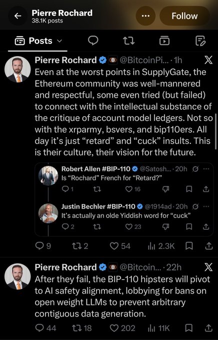 A social media profile page for Pierre Rochard (@BitcoinPierre), displaying posts discussing the Ethereum community, Bitcoin, and critiques of BIP-110.