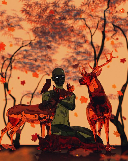 A surreal illustration featuring a bald humanoid figure seated among deer in an autumnal setting with red maple leaves, rendered in a stylized, reddish color palette.