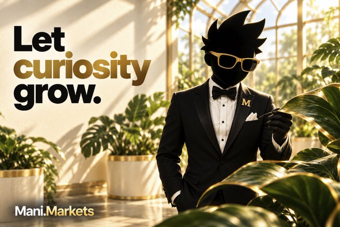 A silhouetted figure in a tuxedo with gold sunglasses inspects a monstera leaf in a sunlit greenhouse, beside the tagline "Let curiosity grow." and the brand name "Mani.Markets" — visually reinforcing the "$MANIFEST" TikTok post's theme of curiosity, growth, and discovery.