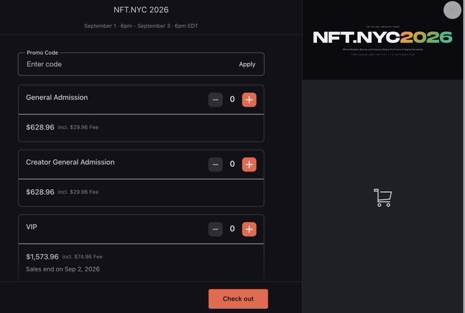 A ticket purchasing page for NFT.NYC 2026 showing General Admission ($628.96), Creator General Admission ($628.96), and VIP ($1,573.96) ticket options with sales ending Sep 2, 2026.