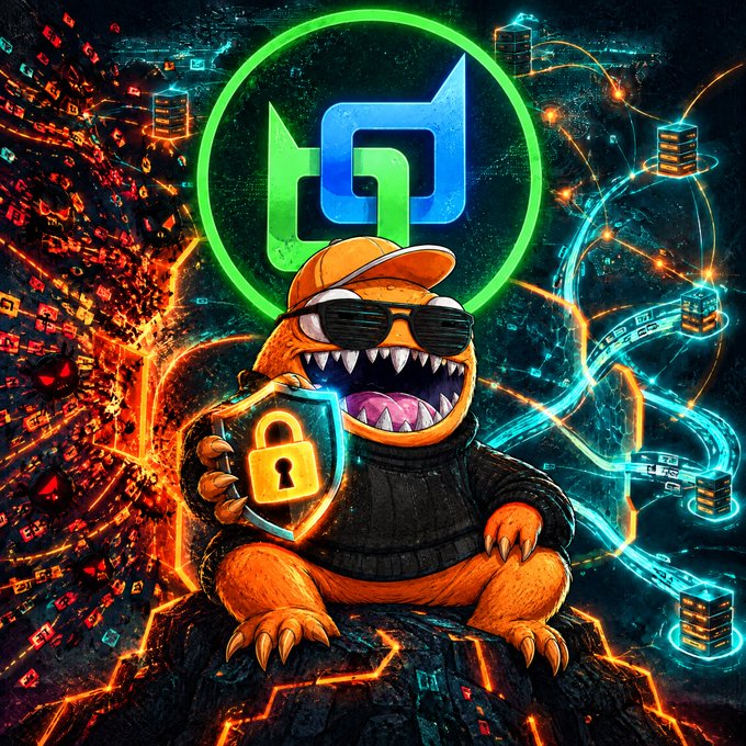 Digital artwork of an orange monster-like creature wearing sunglasses and a cap, holding a golden padlock shield, sitting in front of a glowing green circular logo on a futuristic circuit-board background.