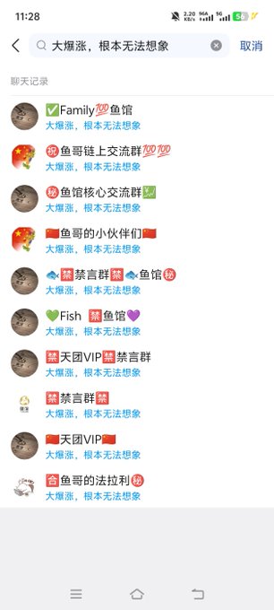 A Chinese chat group search result displaying multiple groups with names like 'Family鱼馆' and '禁言群', all sharing the message '大暴涨, 根本无法想象' (massive surge, unimaginable).