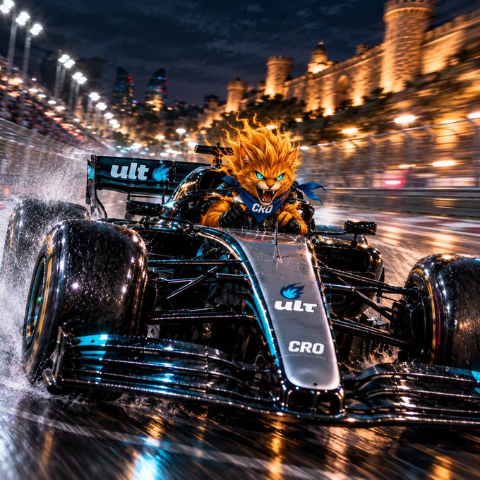 A vibrant digital illustration of an anthropomorphic orange cat driving a sleek black Formula 1 race car with 'ULT' and 'CRO' branding, set against a nighttime cityscape with motion blur and water spray.