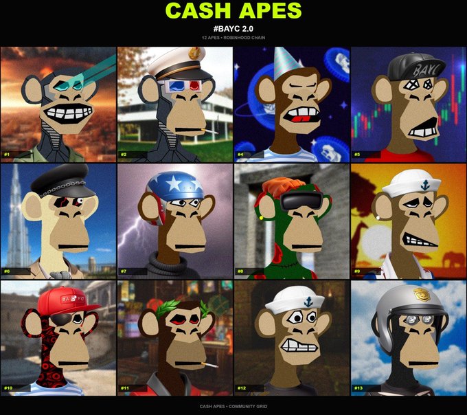 A grid of 12 cartoon ape characters titled 'CASH APES #BAYC 2.0', each wearing different accessories like hats and helmets against varied backgrounds.