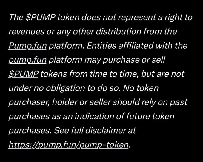 The image displays an official disclaimer from Pump.fun stating that the $PUMP token does not represent rights to platform revenues, affiliates may buy or sell at will with no obligation, and past purchases don't indicate future activity—directly addressing the post's question by clarifying that low trading prices should not be interpreted as a sign of guaranteed value or future purchases by the platform.