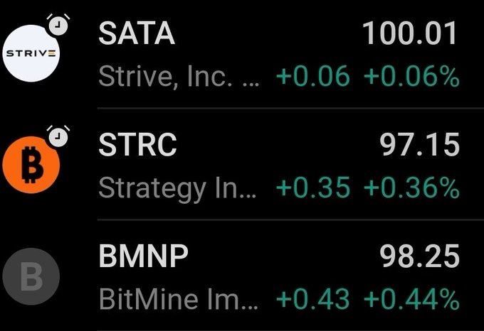 A stock ticker display shows three crypto-related stocks nearing the $100 mark: SATA (Strive, Inc.) at $100.01 (+0.06%), STRC (Strategy Inc.) at $97.15 (+0.36%), and BMNP (BitMine Immersion) at $98.25 (+0.44%), all posting modest gains. The image directly supports the post's claim that these three Bitcoin and Ethereum-adjacent stocks are on the verge of "printing" at the $100 threshold.