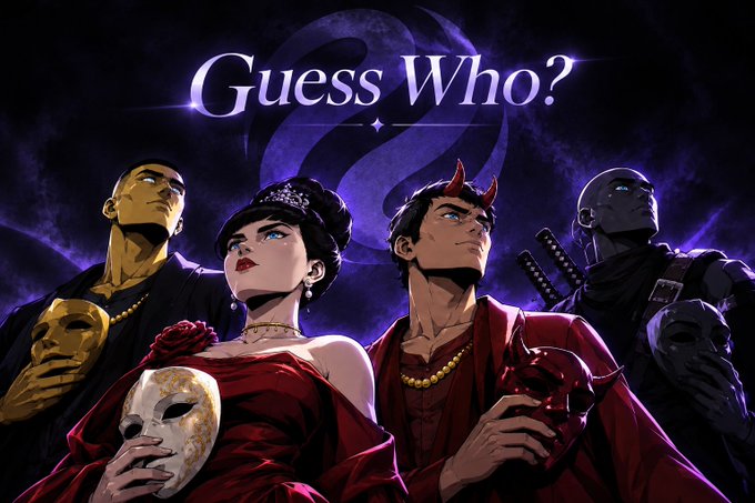An illustrated 'Guess Who?' graphic featuring four characters holding masks against a dark purple background, with stylized question marks behind the title.