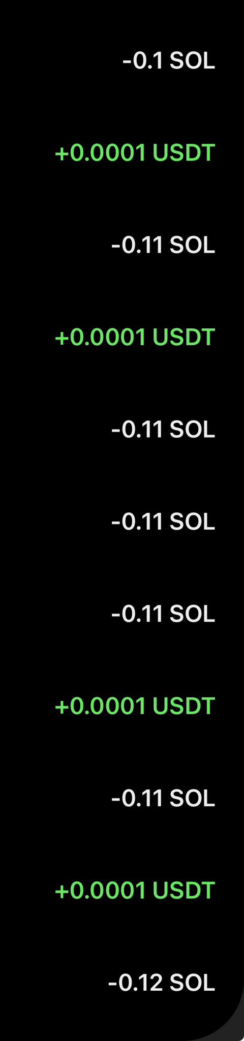 The image shows a vertical list of cryptocurrency transactions with deductions of "-0.1 SOL," "-0.11 SOL" (multiple times), and "-0.12 SOL," alongside small additions of "+0.0001 USDT" (shown in green). This relates to the post's promotion of a "most spam wins" contest, where users are flooding the host's SOL address with tiny transfers, resulting in significant net SOL losses from network fees compared to negligible USDT rewards.