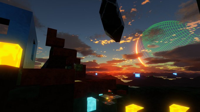 A digital landscape at sunset features geometric blocks, a floating dark monolith, and a large glowing green wireframe sphere against an orange and blue sky.