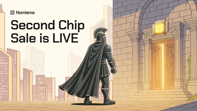 A promotional banner for Nomisma announcing 'Second Chip Sale is LIVE', featuring an illustration of a Roman centurion standing before a glowing doorway.