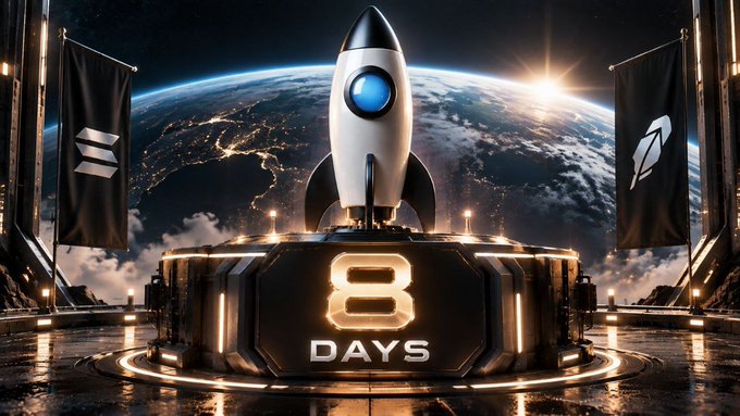 A sleek rocket stands on a glowing launch pad with Earth and a sunrise in the background, framed by black banners displaying logos, while the words "8 DAYS" shine prominently in gold at the base, visualizing the post's countdown message "8 days until launch."