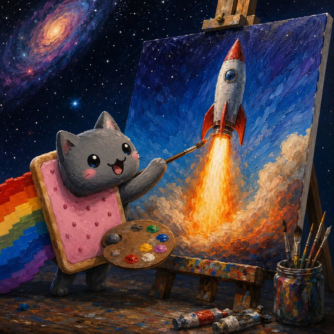 The image features an illustration of a cat holding a paintbrush, creating a painting that depicts a rocket ship flying through space. The cat appears to be using its paws as a paintbrush, adding a playful touch to the artwork. Surrounding the cat are various art supplies such as paintbrushes and paint tubes, indicating that this is an artist's studio or workspace.

The post includes text that reads "The only $NYAN On @Pumpfun that shows up every day, and has provided for the artist and built a community CA: 9BVn3Y8tPghbnGuuuxoj2mGekqgSQV1M7nALF7brpump". This message highlights the cat's role as an artist in creating this unique painting. The image also includes a rainbow, which adds to the overall visual appeal and artistic atmosphere of the scene.