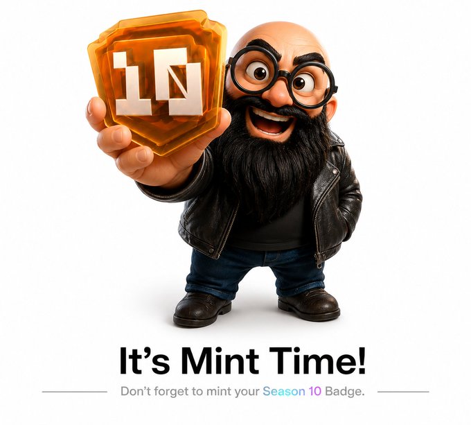 The image features a cartoon character with glasses, a beard, and a mustache holding up an award or badge that reads "It's Mint Time!". The text suggests that this character has achieved something significant, possibly related to Season 10 of a show or series. The phrase "Don't forget to mint your Season 10 badge" implies that the character should be proud of their accomplishment and share it with others.