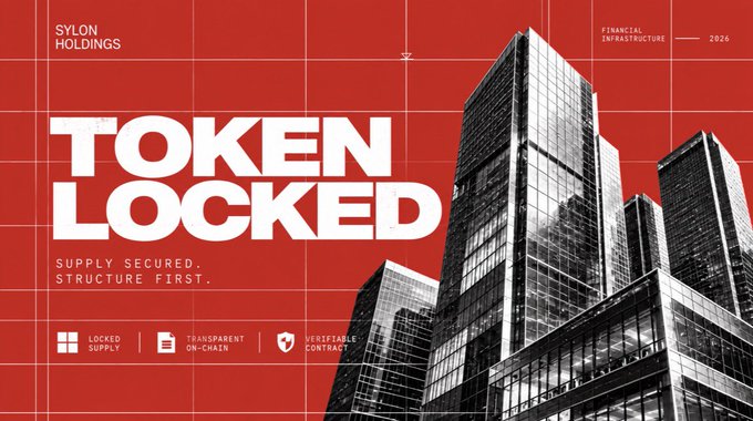 A red promotional graphic for "SYLON HOLDINGS - FINANCIAL INFRASTRUCTURE 2026" with the headline "TOKEN LOCKED" and tagline "SUPPLY SECURED. STRUCTURE FIRST." alongside images of glass skyscrapers, highlighting features like Locked Supply, Transparent On-Chain, and Verifiable Contract.