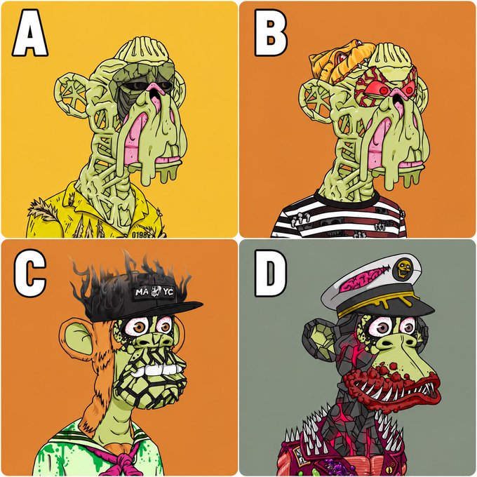 Four-panel grid of grotesque Bored Ape-style illustrations labeled A, B, C, and D, featuring distorted, melting monkey characters with exaggerated features like exposed brains, bloodshot eyes, and spiked jackets.