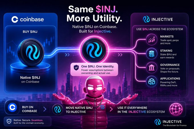 A promotional graphic titled 'Same $INJ. More Utility.' featuring a pink astronaut, the Coinbase logo, and details about Injective ecosystem features including Markets, Staking, Governance, and Applications.