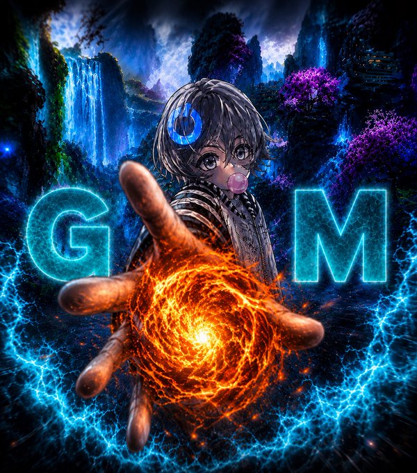 An anime-style character with gray hair and a bubble gum bubble holds out a hand conjuring a fiery orange sphere, with glowing neon letters 'G' and 'M' framing the scene against a mystical waterfall backdrop.