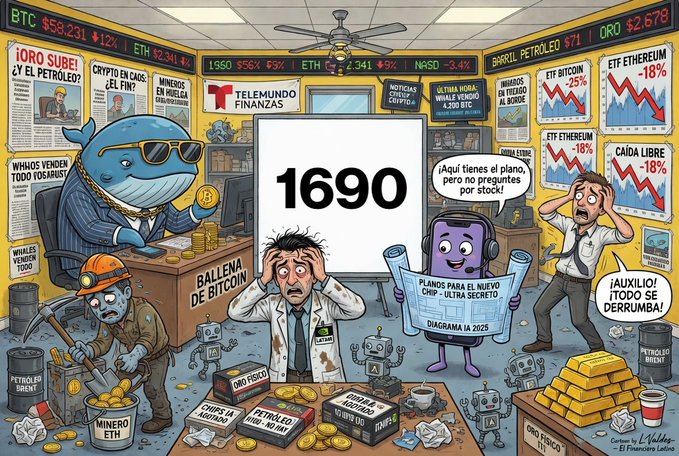 The image features a cartoon scene of a group of people, including a man wearing sunglasses and holding a gold coin, surrounded by various objects such as a computer monitor, a desk with a gold bar, and a gold bar. The text on the image reads "1690 mailchi.mp/diariobitcoin/ ... suma en Bitcoin Bitmine abre WWDC con Siri". This suggests that the cartoon is related to Bitcoin or cryptocurrency, possibly depicting a scene from an event like the World Wide Web Developers Conference (WWDC) where people gather and discuss new developments in technology. The image also includes text about Bitcoin and Ethereum, which further supports this connection.