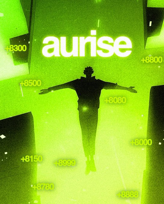 The image features a poster with a silhouette of a person standing against a green background, holding up a sign that says "aurise" above their head. The poster also includes various numbers such as 8500, 8800, and 8700, which are likely part of some sort of scoring system or ranking for the game.
