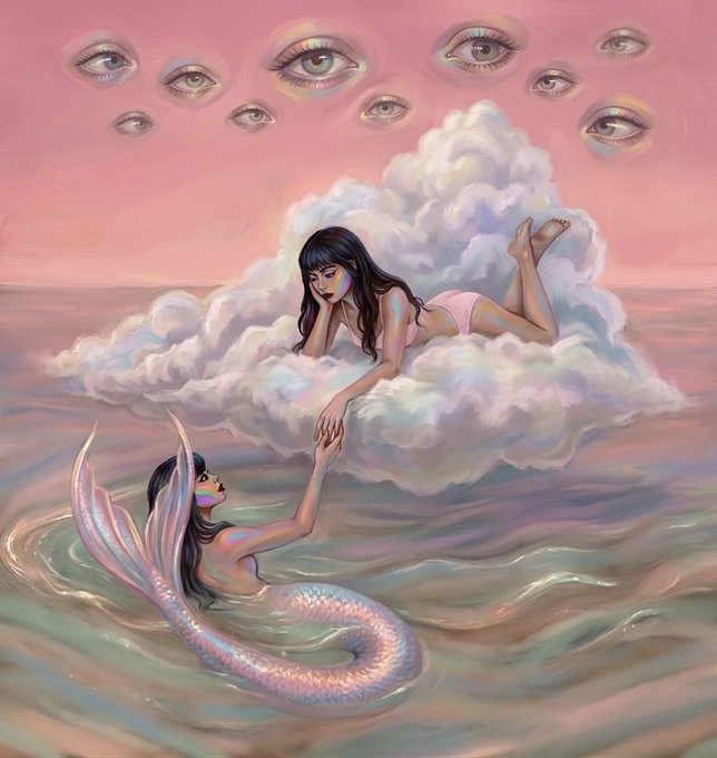 A surreal digital painting showing a woman on a pink cloud reaching down to a mermaid in the water below, while numerous disembodied eyes float in the pink sky above.