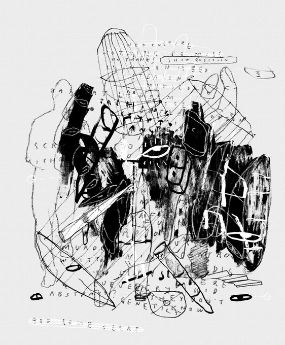 An abstract black and white drawing with chaotic lines, scribbles, and visible text fragments including 'CULTURE', 'SHINZO ABE', 'MEME', and 'ABSTRACT THEY DO NOT'.