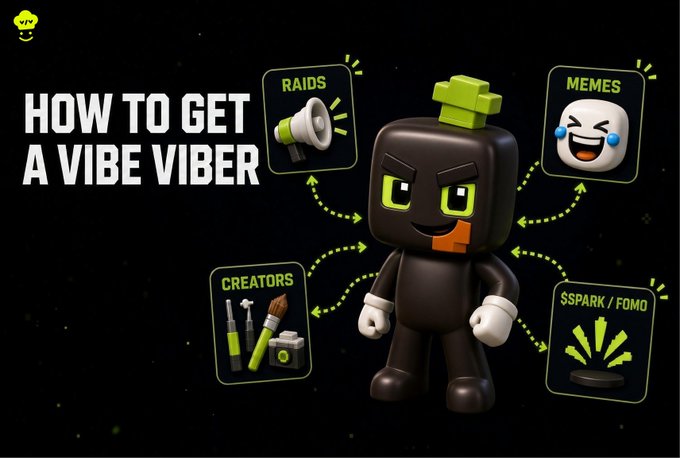 A promotional graphic titled "HOW TO GET A VIBE VIBER" showing a black cartoon character surrounded by four icons representing Raids, Memes, Creators, and $SPARK/$FOMO rewards.
