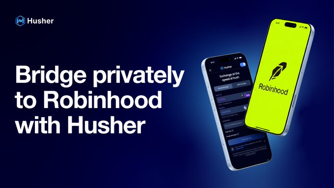 An advertisement for Husher showing two smartphones against a dark blue background, with text reading 'Bridge privately to Robinhood with Husher' and the Husher and Robinhood logos.