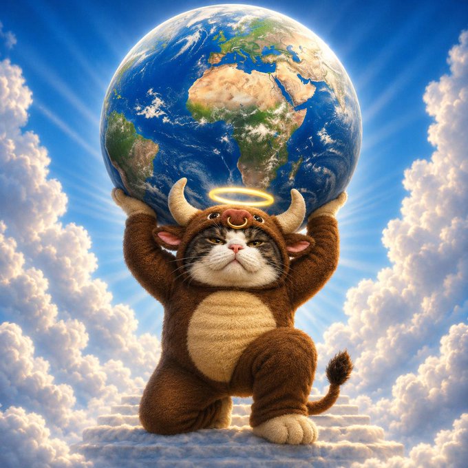 A majestic bull-horned cat with a golden halo lifts the entire Earth above its head while standing on clouds in the sky, embodying the bullish, "to the moon" spirit of the $BULLCAT token. The image playfully visualizes the coin's mission to push crypto valuations to astronomical heights, fitting the post's call for exchanges like @fomo, @moonshot, and @moonrush_space to verify the moon-bound feline-themed token.