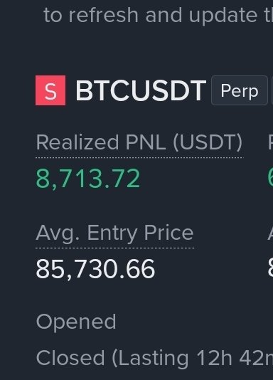 Mobile trading app showing a BTCUSDT perpetual position with a Realized PNL of 8,713.72 USDT, average entry price of 85,730.66, and marked as closed after 12 hours 42 minutes.