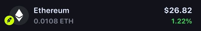 A dark-themed cryptocurrency price widget displays Ethereum (ETH) trading at $26.82, up 1.22%, with a holding of 0.0108 ETH.