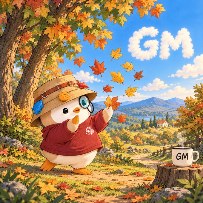 A digital illustration of a small bird-like character wearing a hat, glasses, and a red sweater holding a leaf, set in an autumn landscape with 'GM' written in the clouds.